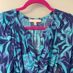 Banana Republic purple and turquoise blue long sleeve rayon shirt dress ✨